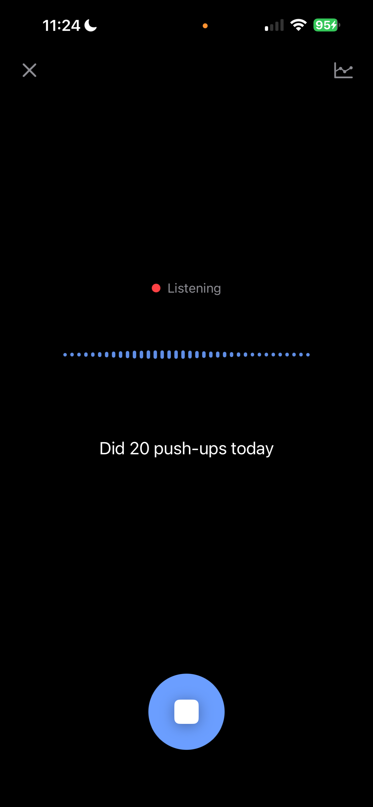 Recording screen with the words 'Did 20 push-ups today' transcribed live